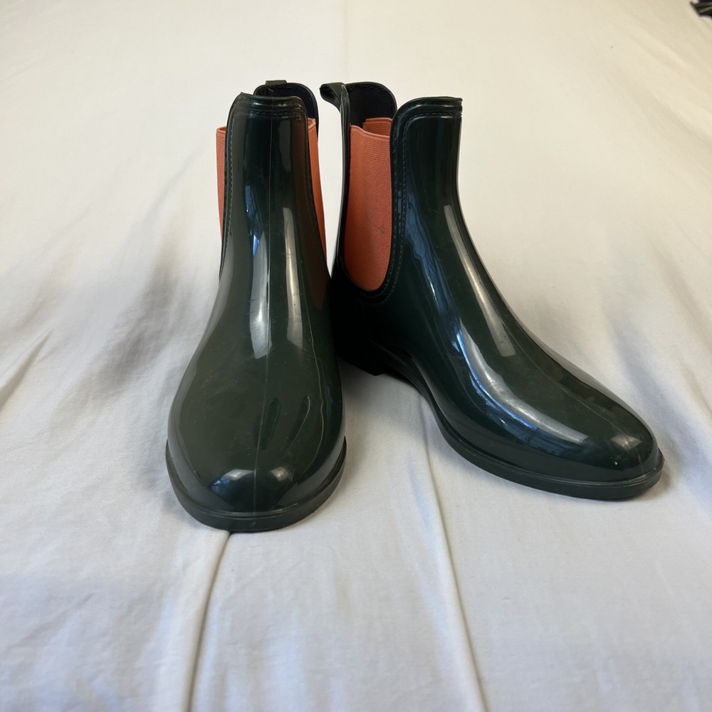 JustFab Womens Ankle Rain Boots Dark Green Orange Elastic Chelsea Size 7.5
